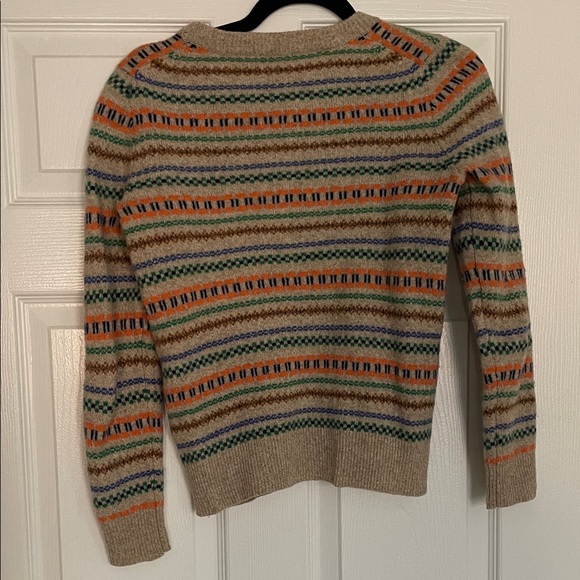 Women's Beige 100% Wool Crewneck Sweater with Orange & Green Stripes - Picture 2 of 5